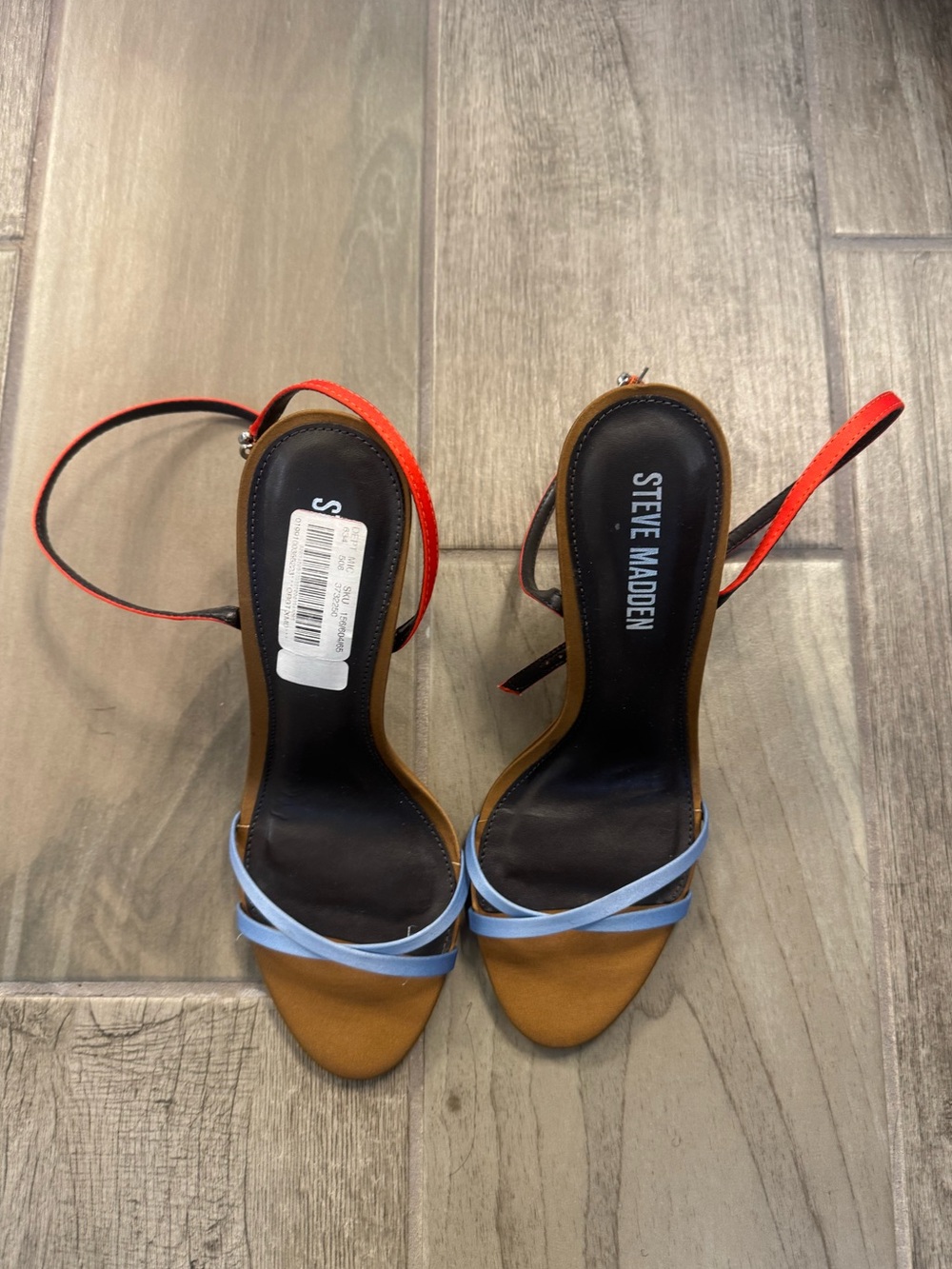 Steve Madden Two-Tone Strappy Heel in Red, Light Blue and Tan